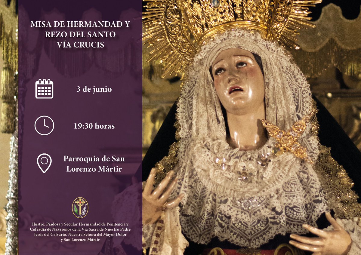 Hermandad del Calvario (@calvariocordoba) on Twitter photo 📌 MISA DE HERMANDAD Y REZO DEL SANTO VÍA CRUCIS
Mañana, viernes 3 de junio, celebraremos Misa de Hermandad y rezo del Santo Vía Crucis a las 19:30 horas en la <a href="/RPSanLorenzoMC/">Real Parroquia San Lorenzo Mártir de Córdoba</a>.
Animamos a participar a todos nuestros hermanos, fieles y devotos en dicha celebración. 📌 MISA DE HERMANDAD Y REZO DEL SANTO VÍA CRUCIS
Mañana, viernes 3 de junio, celebraremos Misa de Hermandad y rezo del Santo Vía Crucis a las 19:30 horas en la <a href="/RPSanLorenzoMC/">Real Parroquia San Lorenzo Mártir de Córdoba</a>.
Animamos a participar a todos nuestros hermanos, fieles y devotos en dicha celebración.