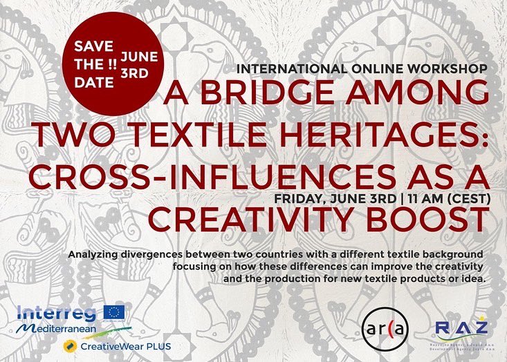 Tomorrow June 3, 11am CEST on Zoom The 3rd <a href="/CreativeWear_P/">CreativeWear PLUS</a>  cross-hubs online workshop introducing the connection between 2 different #textileheritage triggering creativity for new circular inspirations ♻️
Full Agenda+Reg Form+Zoom link 👇🏼
bit.ly/3lR6u4F
#MadeinMED