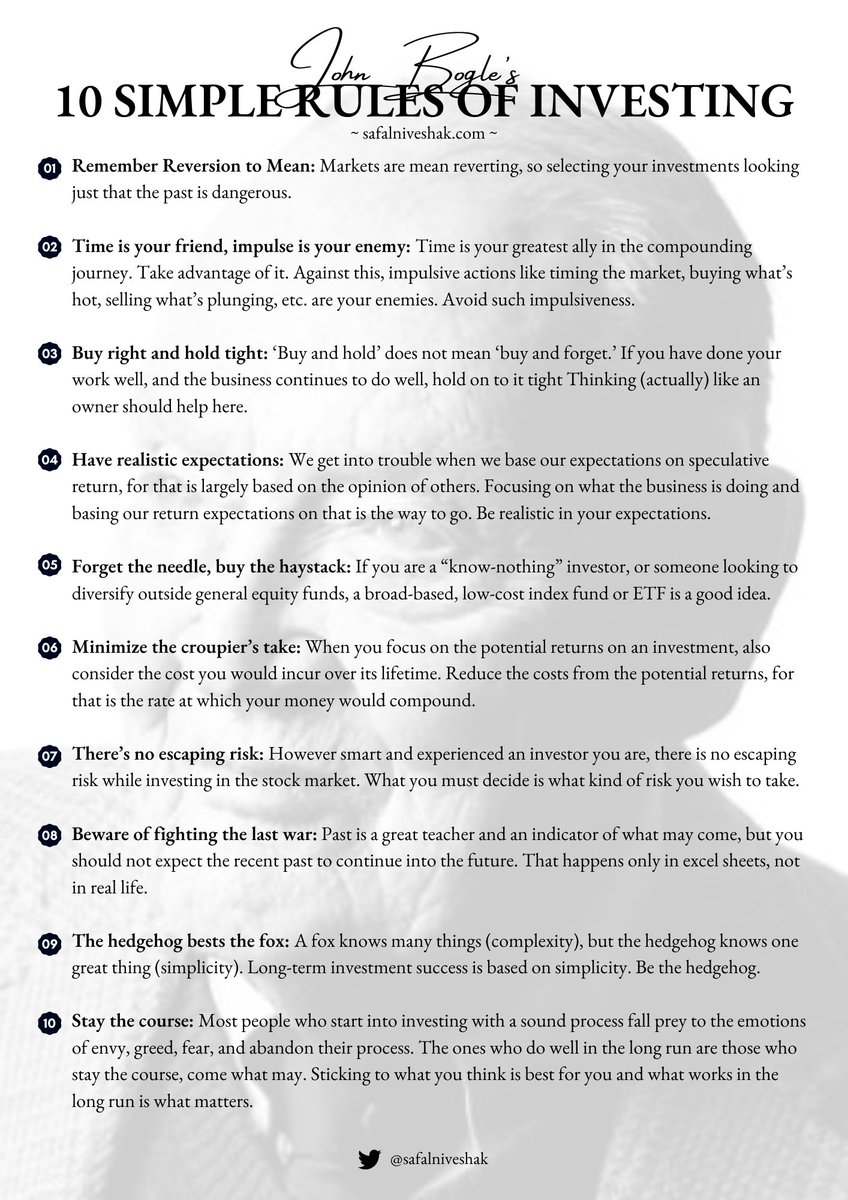 Some lessons are to be looked at everyday to help us become a better versions of ourselves. Like John Bogle's 10 simple rules of #investing.

Here's the PDF version to download, print, and stick to your wall - drive.google.com/file/d/10KU6o1…