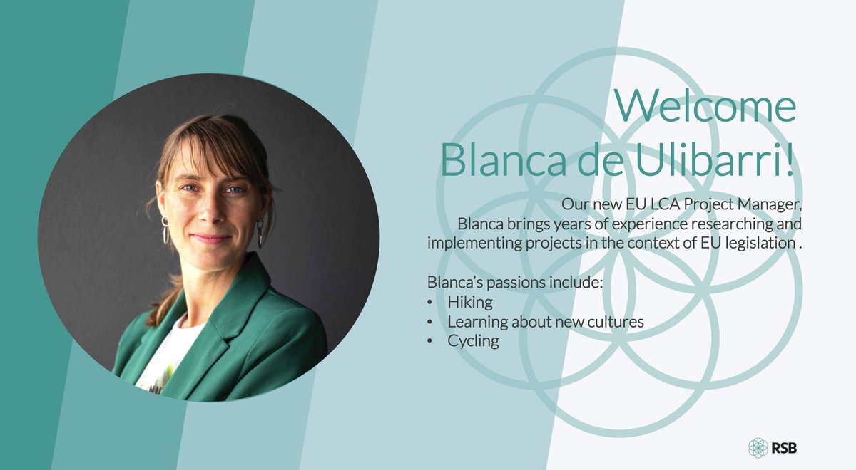 RSB is delighted to welcome <a href="/BlancaUlibarri7/">BlancaUlibarri</a> to the team 🎉🎉🎉

Blanca is our new EU LCA Project Manager where she will focus on the funding and implementation of EU projects, as well as developing the RSB EU RED certification system.

Read here for more: rsb.org/members/blanca…
