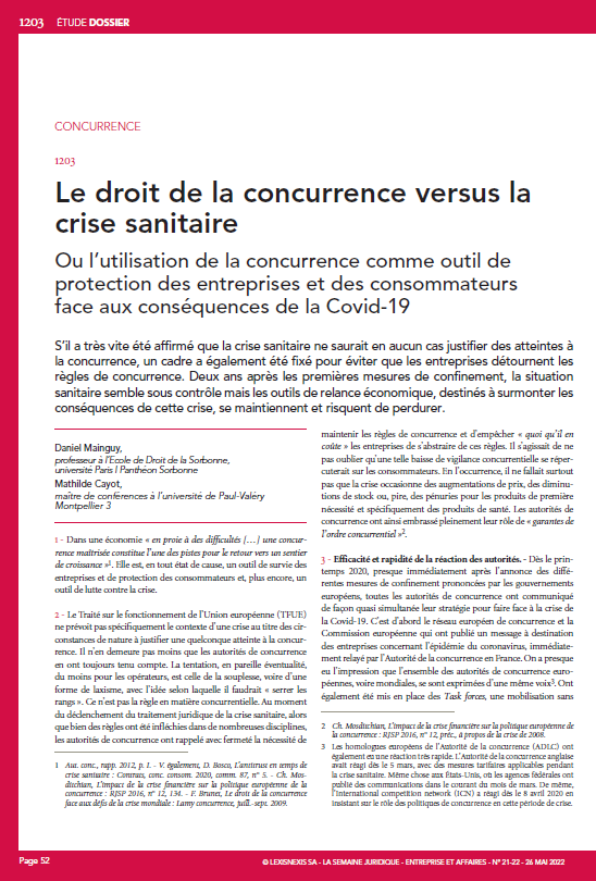 JCPEntreprise's tweet photo. [DOSSIER] #Concurrence - Le droit de la concurrence versus la crise sanitaire - Ou l’utilisation de la concurrence comme outil de protection des entreprises et des consommateurs face aux conséquences de la Covid-19, par @DanielMainguy et @mathildecayot in #JCPE n° 21-22 https://t.co/G1p4Ghldoo