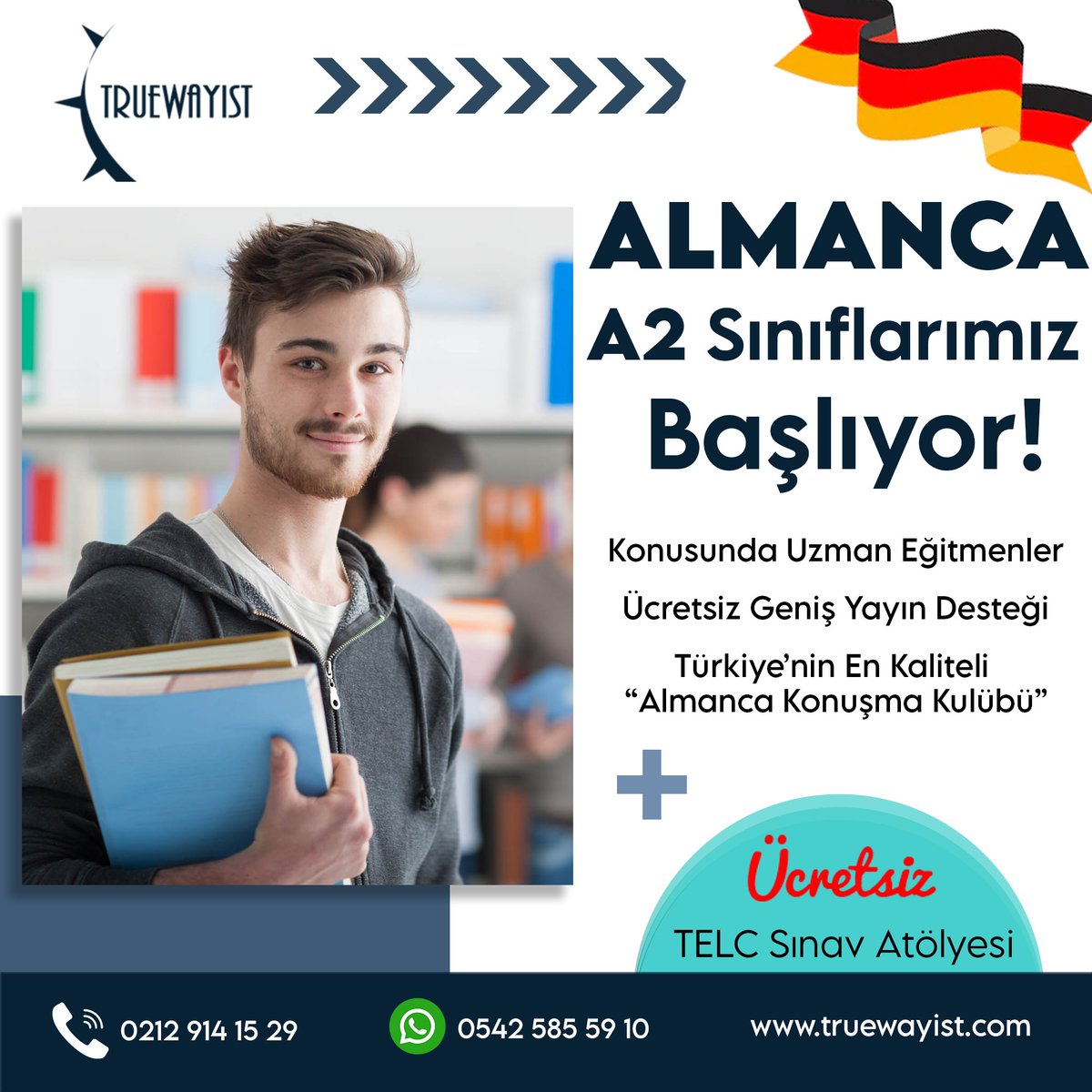 truewayist's tweet photo. Almanca A2 Kurslarımız Başlıyor!
TRUEWAYIST, Online Almanca Eğitiminde Lider Kurum!
Almanca İle İlgili Her Konuda Yanınızdayız!
0 542 585 59 10
#almanca #dilokulu #goethesınav #onlinealmanca #onlineeğitim #telc #testdaf #almancakursu #almancaeğitimi #deutsch #yurtdısı https://t.co/SmDtqvJTzH