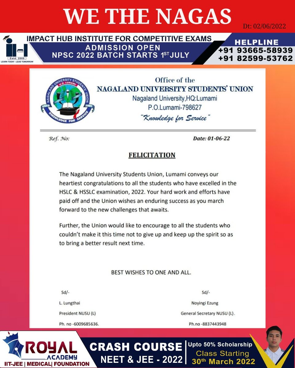 WeTheNagas's tweet photo. Nagaland University Students' Union Congratulates successful HSLC and HSSLC Students.

 @wethenagas
#Nagaland #WeTheNagas #Dimapur #Kohima #NagalandNews #News #BreakingNews #NagalandUniversity #NagalandUniversityStudentsUnion #Lumami https://t.co/GTRBvVBEqt