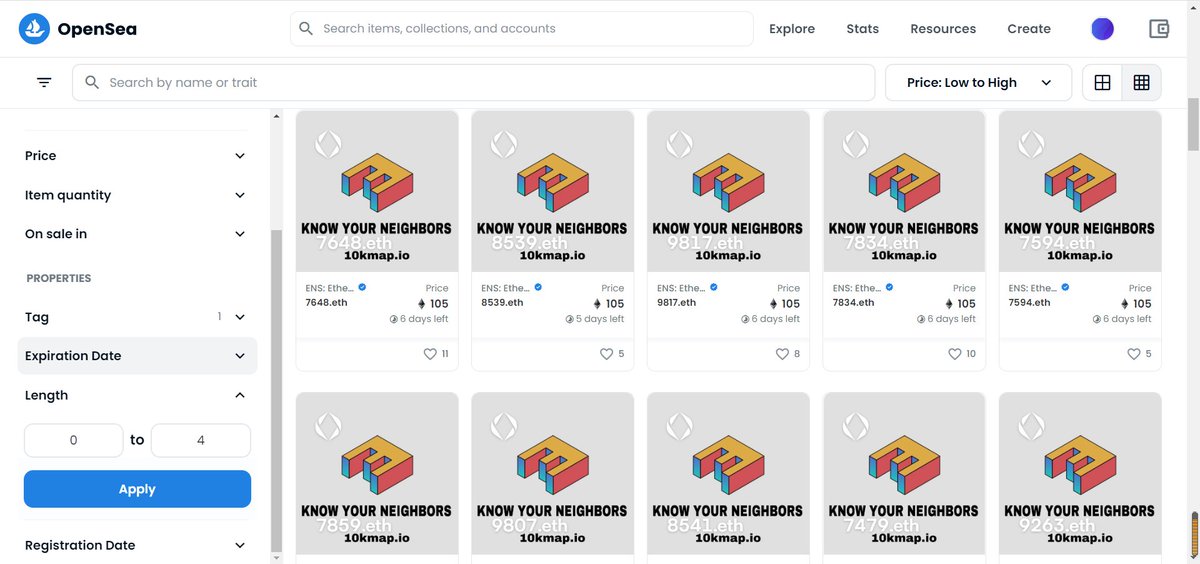 10kUniverse has been harnessing ENS utility in a different way: to use ENS domains as a billboard.

1/ Our first advertising experiment was to share 10kmap.io with the world! By simply filtereing 3/4 digit domains on OpenSea, the reach of our marketing is apparent.