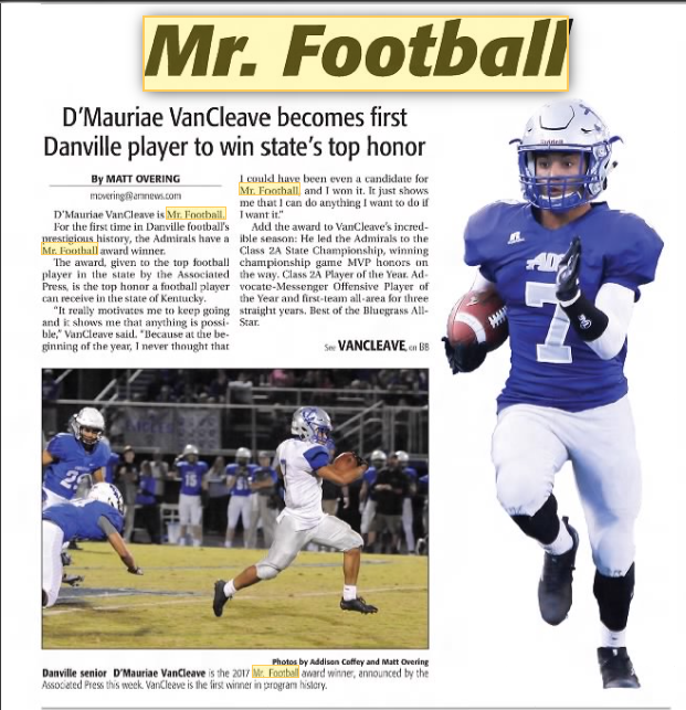 history_trace's tweet photo. In 2017 D'Maurie VanCleave from Danville was selected as Kentucky's Mr Football https://t.co/u9XSOouali