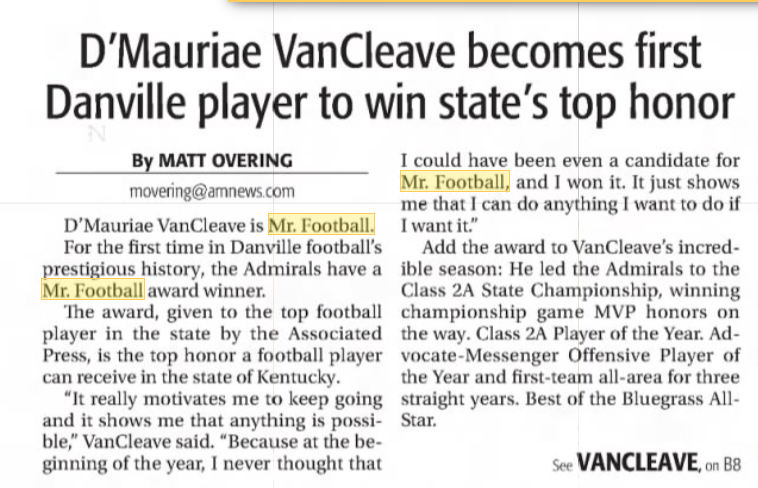 history_trace's tweet photo. In 2017 D'Maurie VanCleave from Danville was selected as Kentucky's Mr Football https://t.co/u9XSOouali