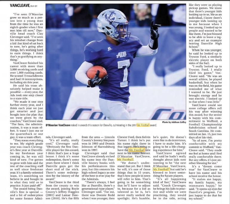 history_trace's tweet photo. In 2017 D'Maurie VanCleave from Danville was selected as Kentucky's Mr Football https://t.co/u9XSOouali