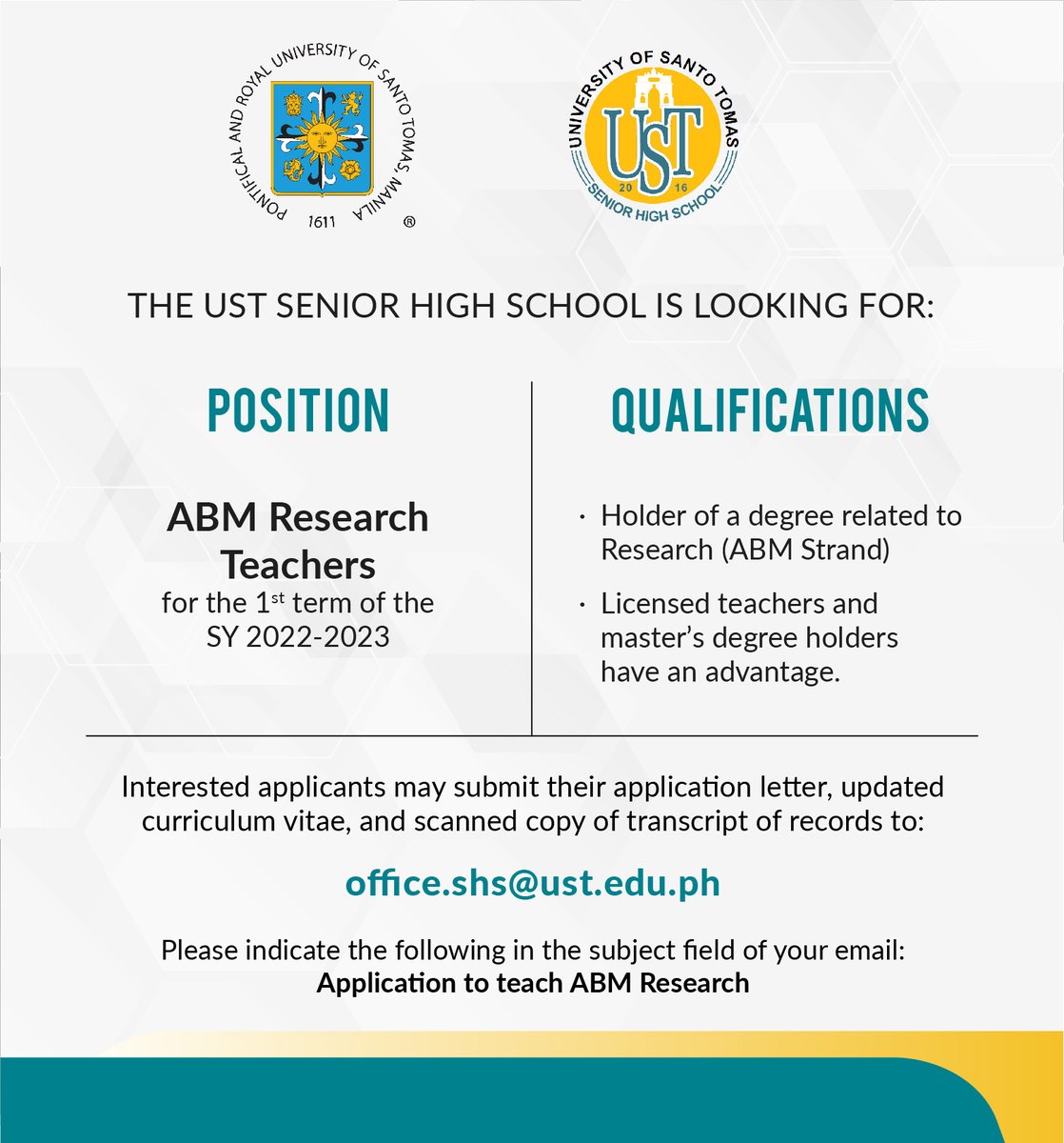 UST1611official's tweet photo. The University of Santo Tomas - Senior High School is looking for faculty members for the 1st term of the Academic Year 2022-2023. 

#JobsAtUST https://t.co/PVx6KyUFVw