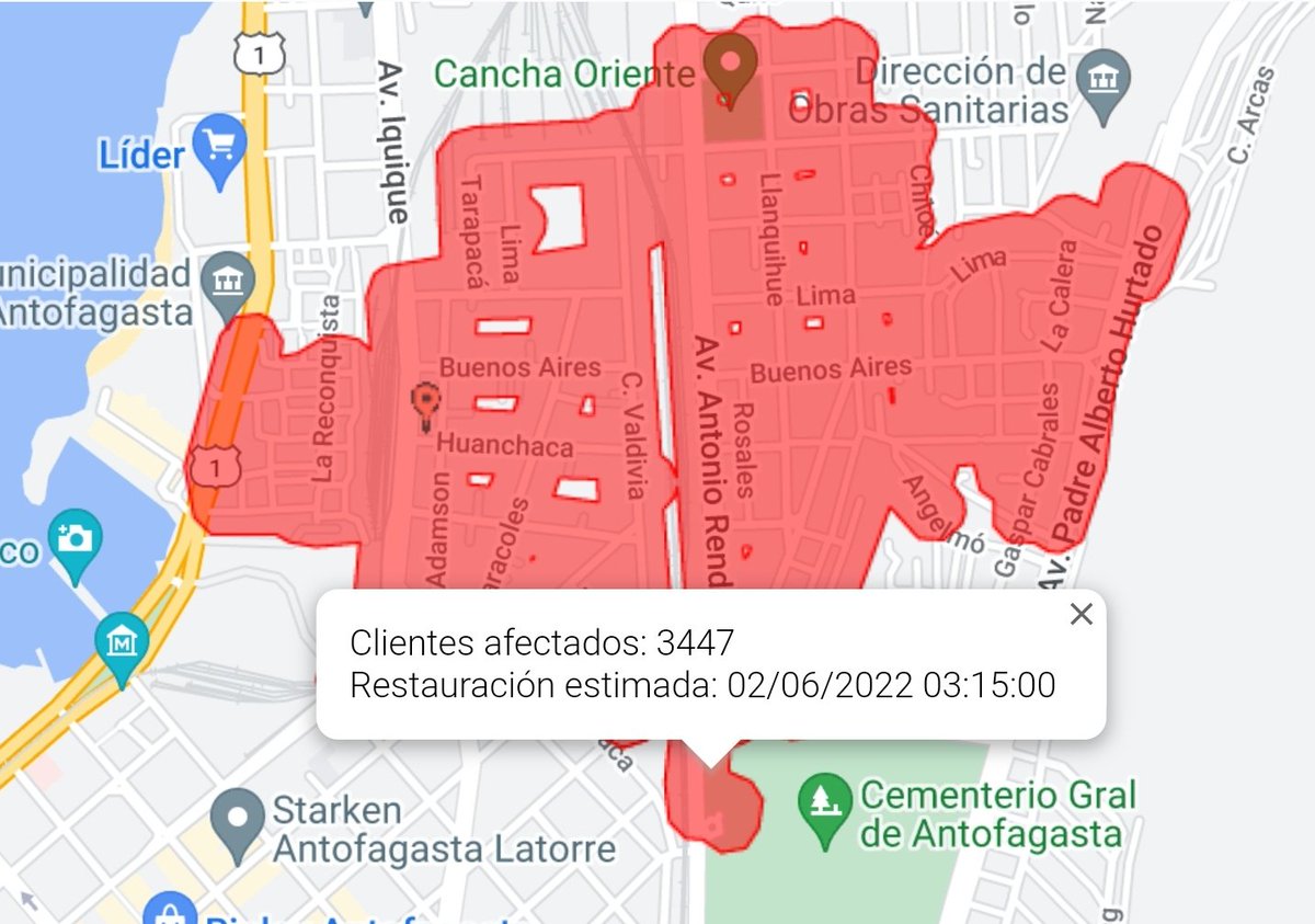 RadioAftaOnline's tweet photo. ⚡️ESTÁ PASANDO⚡️ Corte de energía eléctrica afecta desde la Municipalidad a las poblaciones Oriente y Ancla de #Antofagasta.  CGE informa reposición pasadas las 3 de la madrugada. https://t.co/GWx33j8bLX