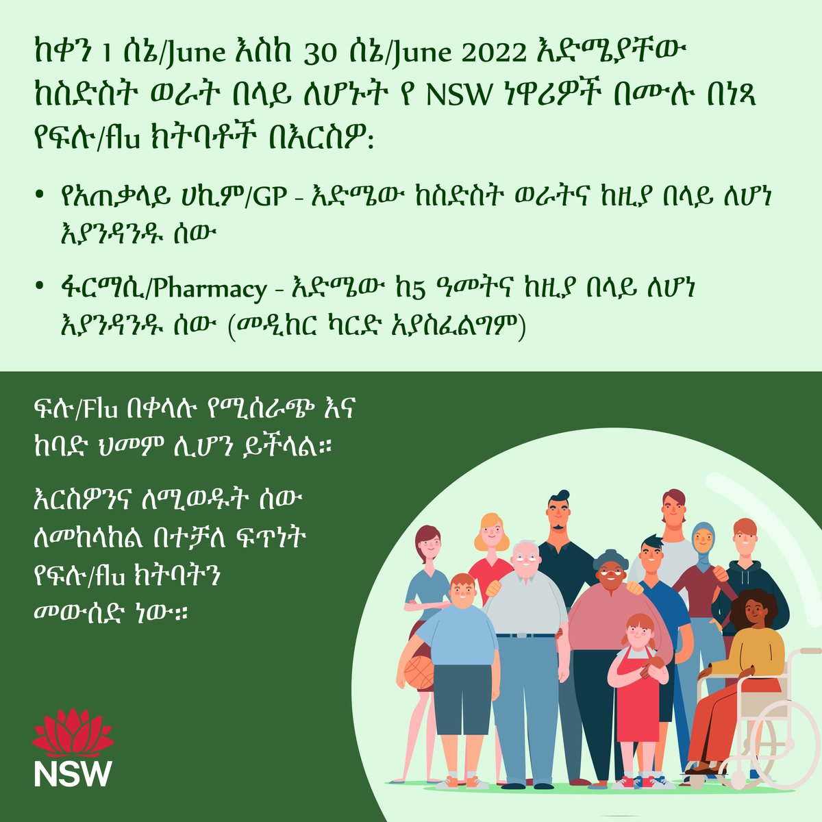 mhcsnsw's tweet photo. ✅ Free #FluVaccines will be available from 1–30 June 2022 to all NSW residents over the age of six months at your: 

>GP – for all aged 6 months and over 

>Pharmacy – for all aged 5 years and over (Medicare card not required) 

#Translations @NSWHealth: https://t.co/C2w554Xivi https://t.co/KmkWcnhKbN