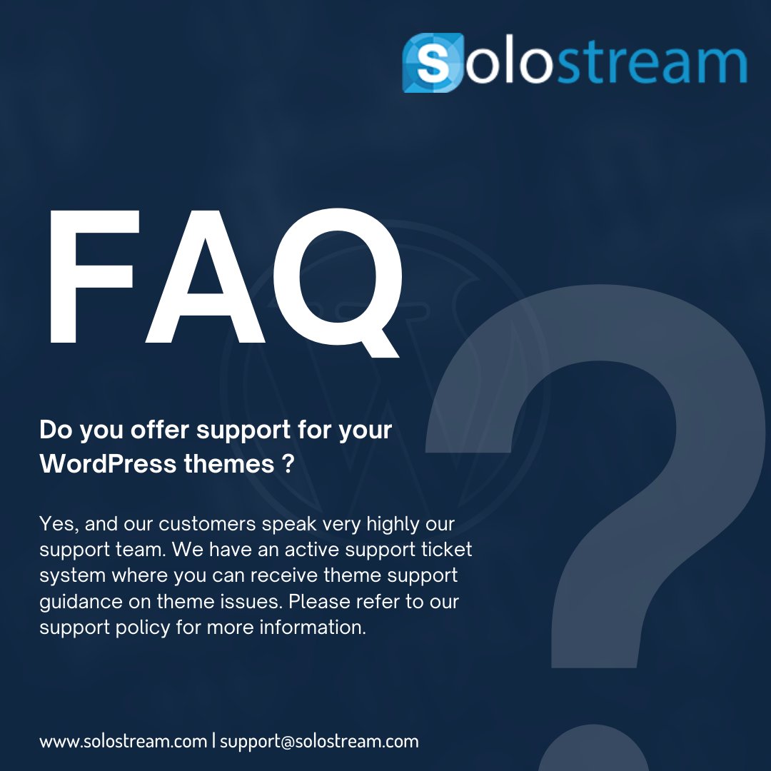 Do you offer support for your WordPress themes ?
.
solostream.com/premium-suppor…
.
#wordpressthemes #wordpresspremiumtheme #freewordpressthemes #premiumwordpressthemes #freepremiumwordpressthemes #wordpresssupport #premiumwordpresssupport #directorywordpressthemes