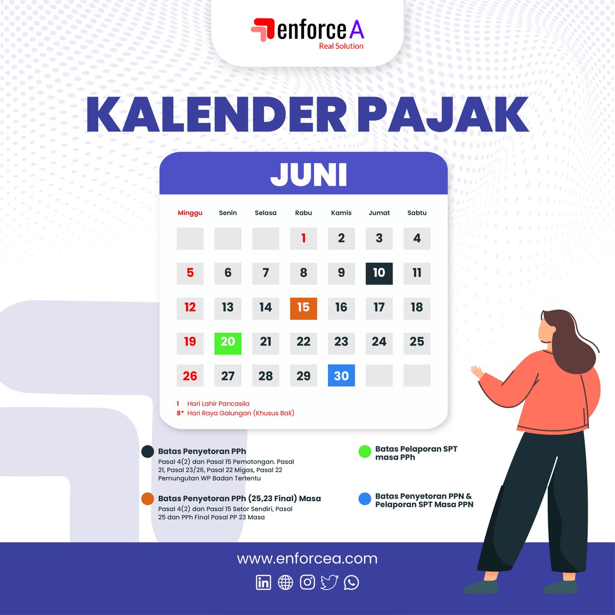 EnforceA_info's tweet photo. Kalender Pajak is coming!
Kamu sudah tahu batas pelaporan atau penyetoran pajak untuk bulan ini,
belum?

Yuk cek dan catat tanggalnya dari postingan ini!

#enforcea #petacreative https://t.co/hzbxrpIWC0