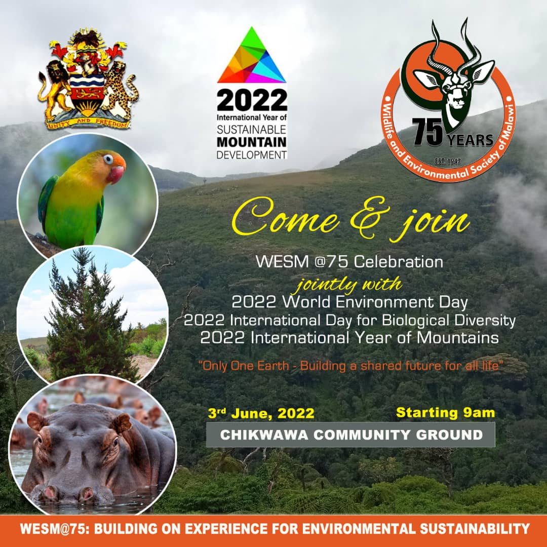 WESM_National's tweet photo. Join WESM as it commemorates its 75th anniversary on 33rd June 2022 in Chikwawa grace by Minister of Natural Resources and Climate Change Hon E. Mkaka &amp; Minister of Tourism, Wildlife and Culture Hon M. Usi
@BirdLifeAfrica @EUinMalawi @OldMutualMW @MEET_Trust @ChrisConnellyMw https://t.co/GMfTDg4fPH