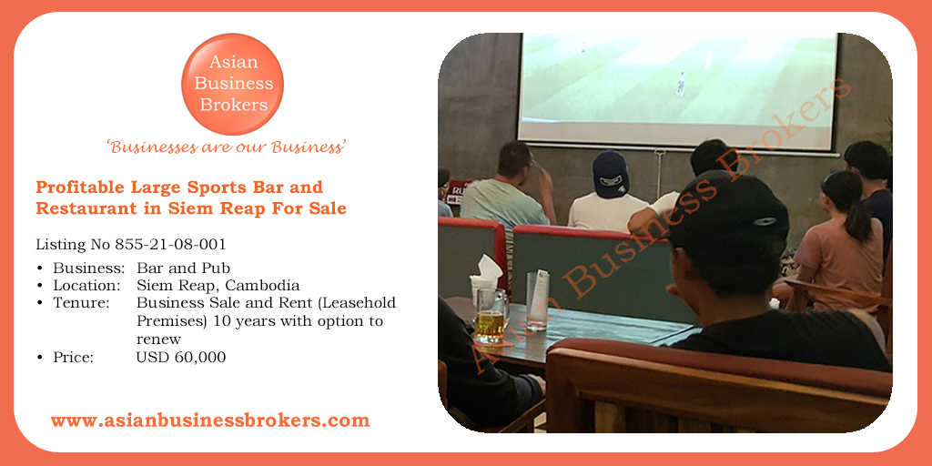 Profitable Large Sports Bar and Restaurant in Siem Reap For Sale
Listing No. 855-21-08-001
Price:  USD 60,000

#BarSiemReap #PubForSale #BarforSale #BusinessforSaleSiemReap #SiemReap #Cambodia #Business #BusinessforSale #BusinessforSaleCambodia #AsianBusinessBrokers #Asian #ABB