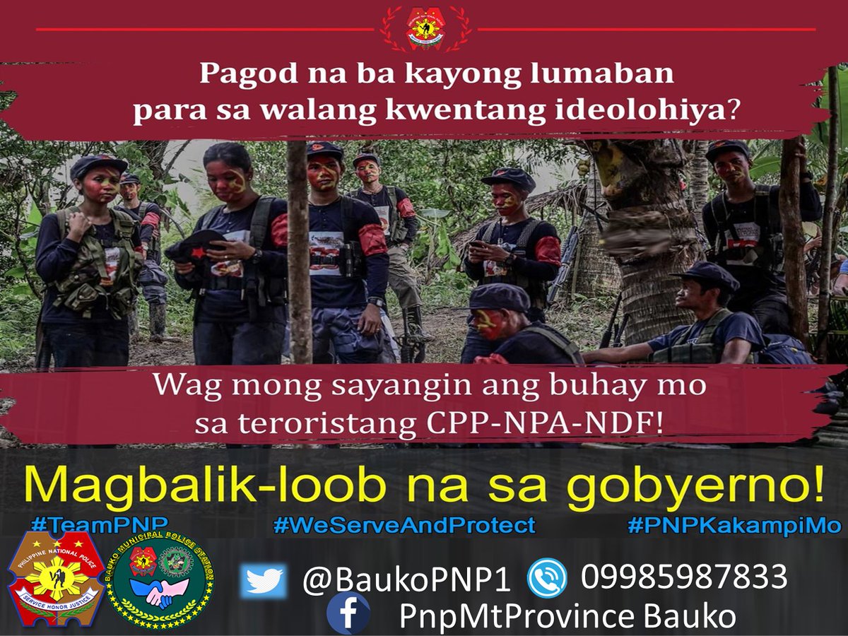 PNPBauko1's tweet photo. Magbalik-loob na sa ating Gobyerno
#PulisAtKomunidad
#EndLocalCommunistARMConflict
#supporteclip
#PNPKakampiMo https://t.co/d8CGBi5xi3