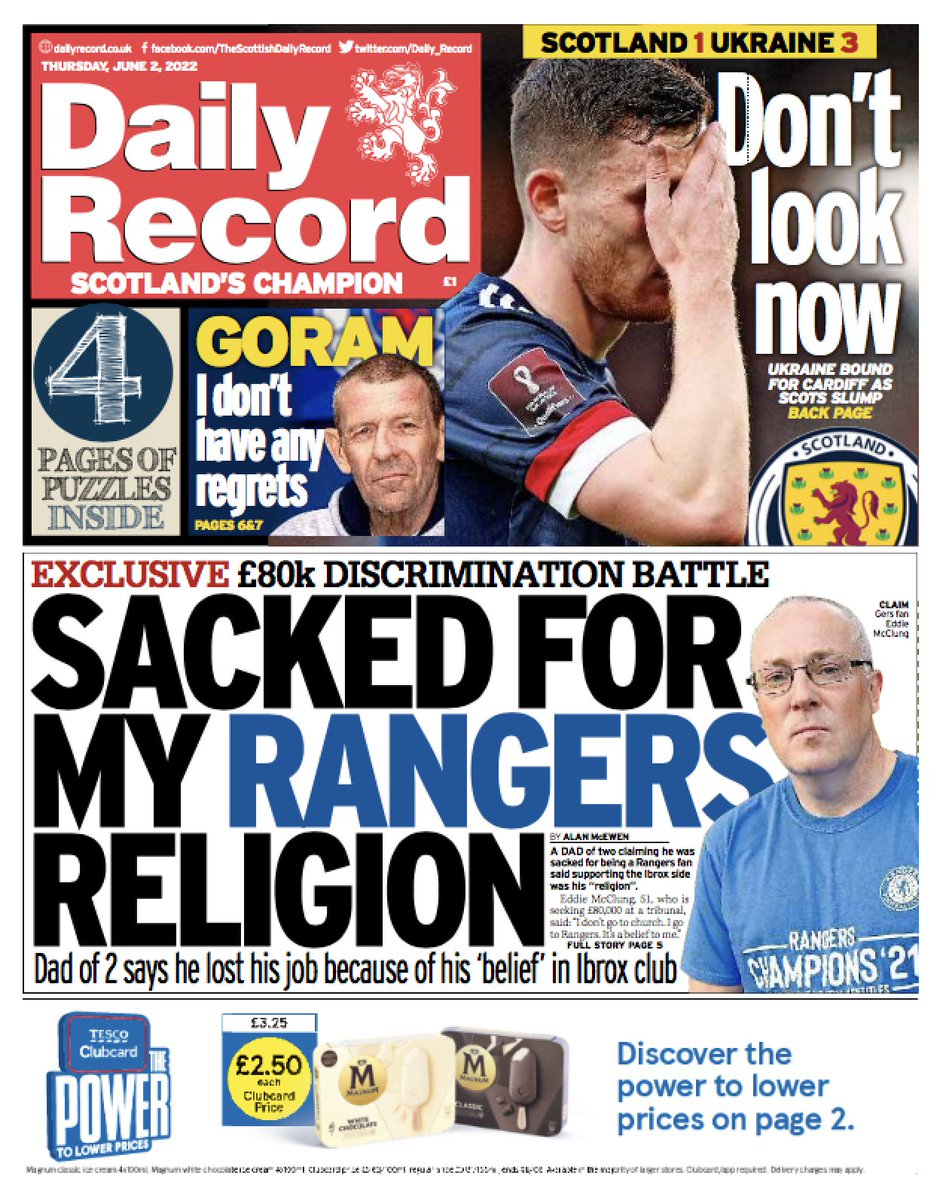 Daily_Record's tweet photo. Thursday's Daily Record front page: A dad of two claiming he was sacked for being a Rangers fan said supporting the Ibrox side was his “religion”. #scotpapers https://t.co/jdUcT9bArP