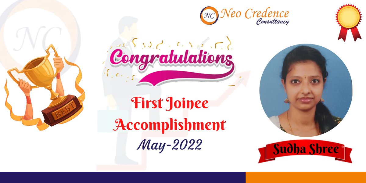 'Recognition Of Hard Work'
Employee Of Month To Praneesha YM
First Joinee Accomplishment To Sudha Shree

#NeoCredenceConsultancyLLP #Recruiting #ITRecruitment #NonITRecruitment #Hiring #LifeAtNeo #Bangalore