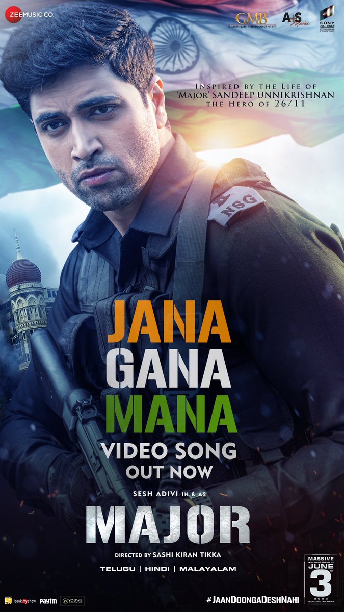 Saravanaspb's tweet photo. The Major Anthem is out now 🇮🇳
#JanaGanaMana video song from #MajorTheFilm 💥
-bit.ly/JanaGanaManaVi…
#Major #MajorReleasingTomorrow
@AdiviSesh @saieemmanjrekar #sobhitaD @SashiTikka @SricharanPakala @rajivwords #TobyTojan @EshwariYash #AmitMishra @SamMathew @ZeeMusicCompany https://t.co/T3xkpZ8vPA