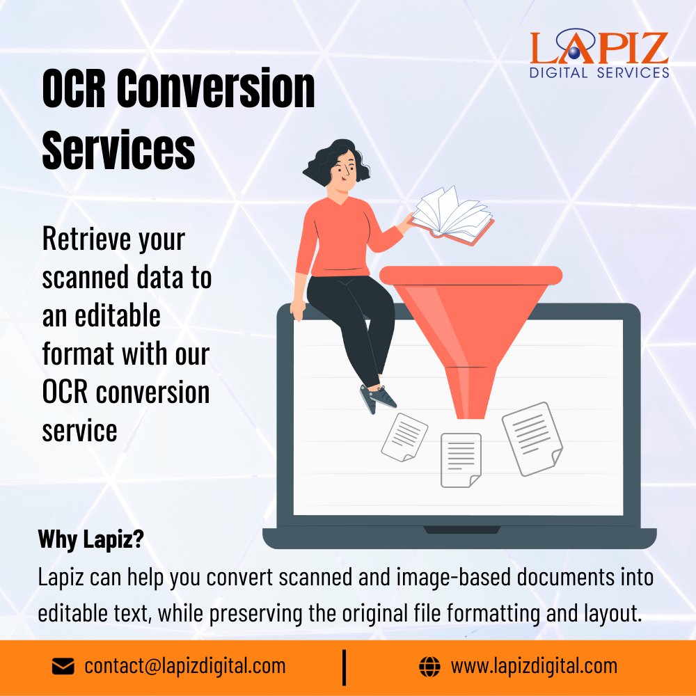 lapizweb's tweet image. Retrieve your scanned data into editable format with our OCR conversion service.
#ocrconversion #digitalpublishing  #digitalconversion #digitization #Lapizdigitalservices
For More Information Visit :lapizdigital.com/publishing-ser…