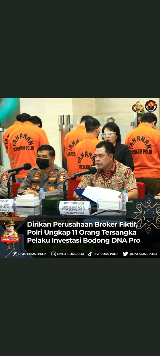 polrestamakota's tweet photo. Dirikan Perusahaan Broker Fiktif, Polri Ungkap 11 Orang Tersangka Pelaku Investasi Bodong DNA Pro

#ProfesionalJagaKamtibmas
Bersama Cipta Kondusifitas https://t.co/VOwv2eyK68