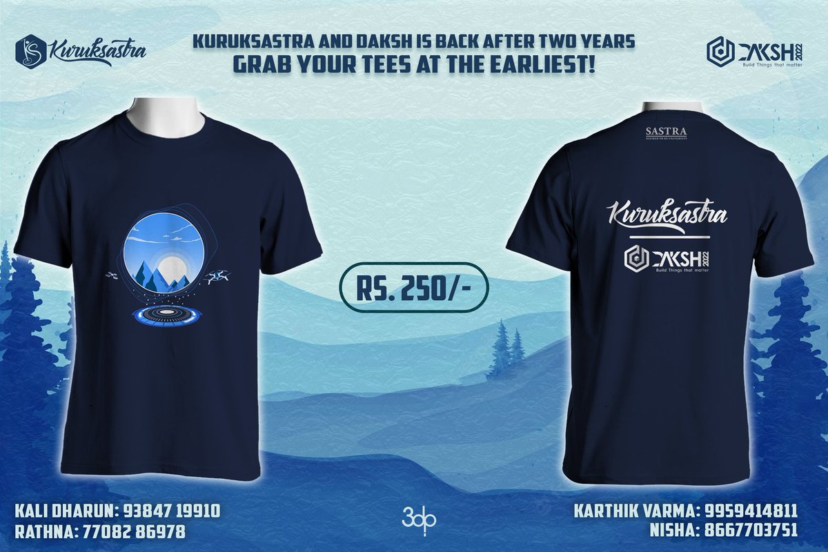 kssastra's tweet photo. The Official Merchandise for DA-KS-H is out now!! Grab your Tees now and show it off on the 17th, 18th and 19th of June!

#kuruksastra #daksh #sastrauniversity https://t.co/RrXCWYTWYy