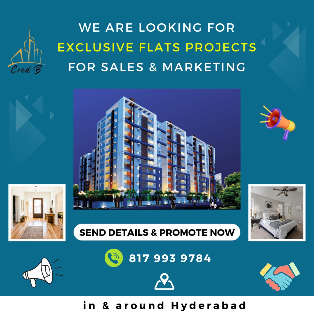 Cred_B_Realty's tweet photo. we are looking for exclusive flats projects for sales &amp; marketing
Call:- 817 993 9784

#flatsinhyderabad #hyderabadrealestate #luxuryflats #affordableflats #flatinhyderabad #gatedcommunity #gatedcommunityflats #credbrealty #realestate #realestateinhyderabad #flats #credb #cred https://t.co/v5vyvxHeUN