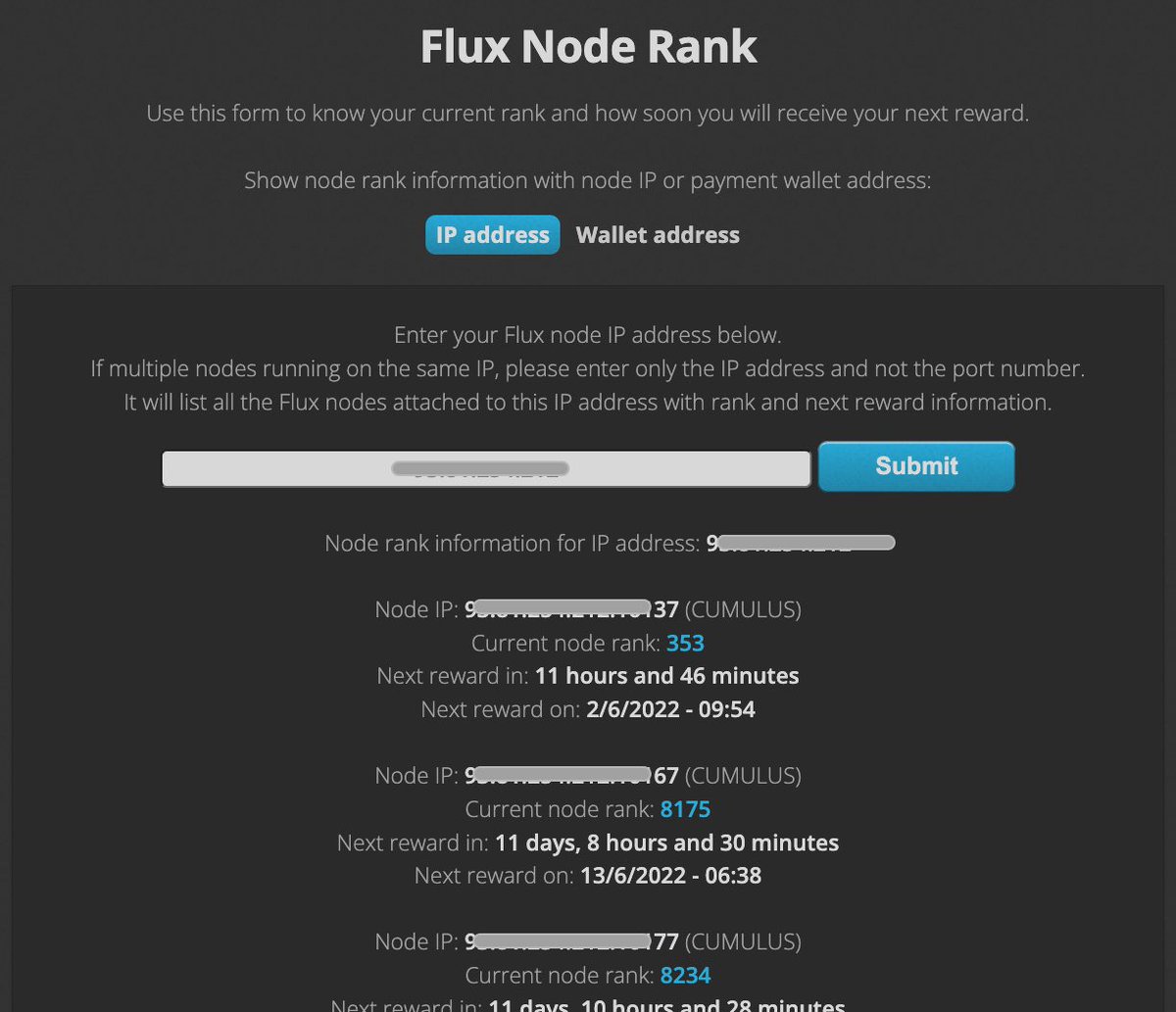 VladCM81's tweet photo. Small update on https://t.co/eesMqB0r3I, you can now choose between IP or Flux wallet address to search the node(s). It now lists all nodes associated with this IP/wallet address with the rank and date of the next reward. 

#Flux #FluxNodes https://t.co/M3YEoGhUJg