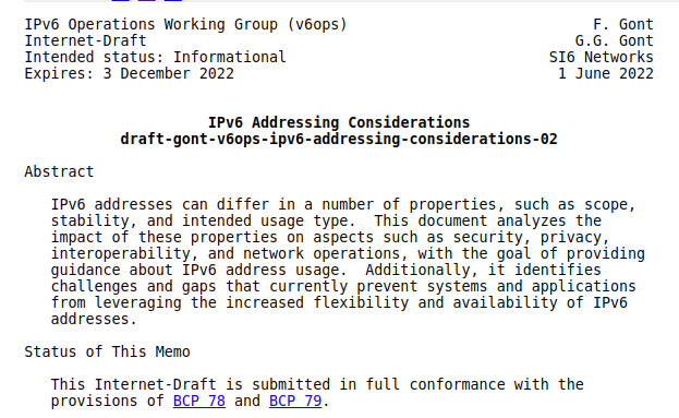 FernandoGont's tweet photo. "IPv6 Addressing Considerations". IETF Internet-Draft (https://t.co/zApoVZv3o6) https://t.co/G45T4ZwriH