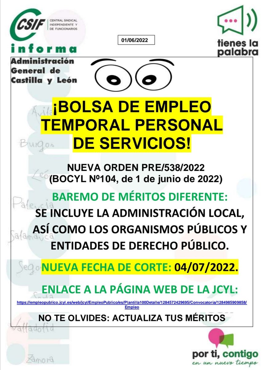 ¡BOLSA DE EMPLEO  TEMPORAL PERSONAL  DE SERVICIOS! #JCYL 
👇 csif.es/node/342859