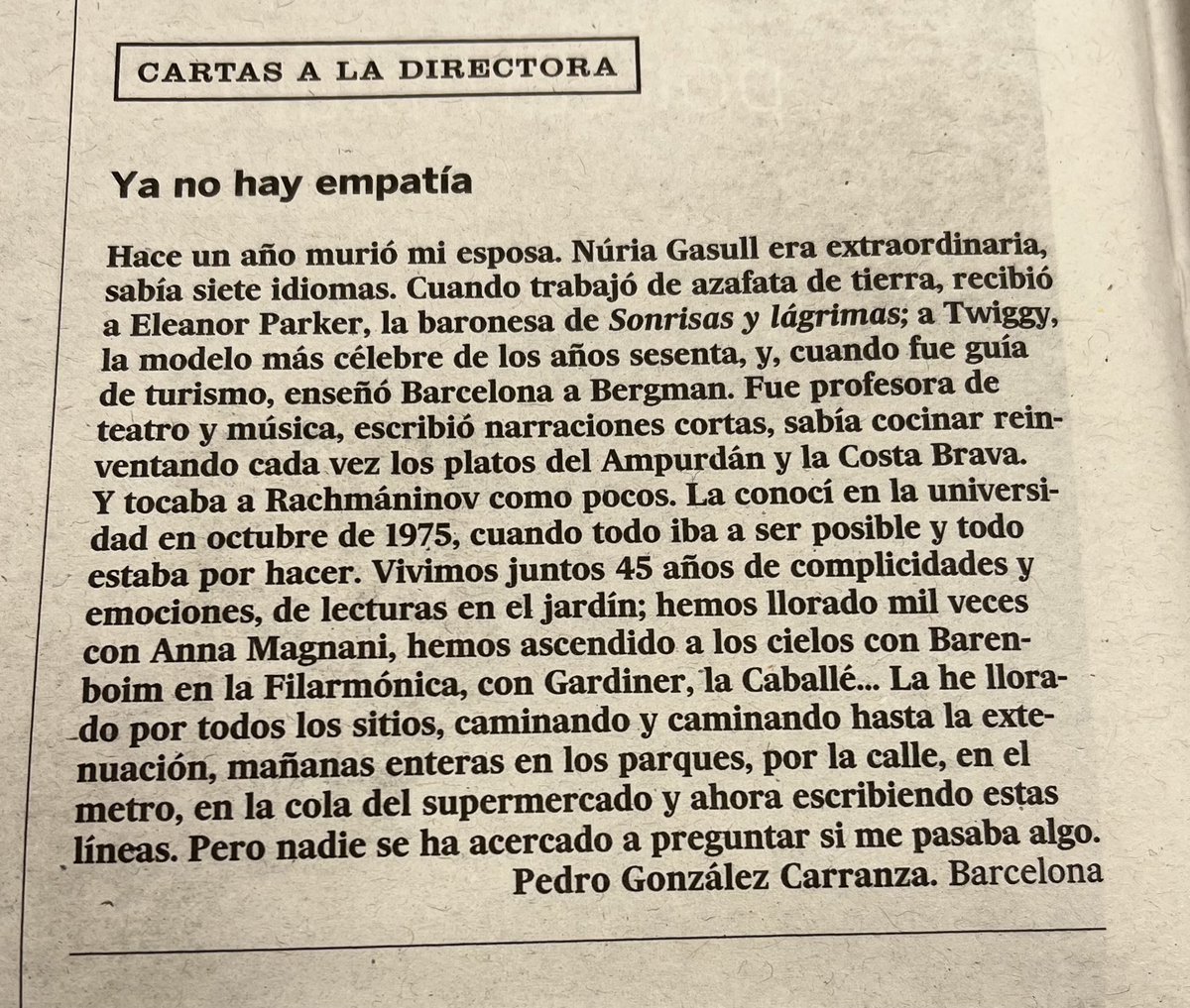 jl_sastre's tweet photo. La primera y la última frase de esta carta a la directora de El País.

“Hace un año murió mi esposa. (…) Nadie se ha acercado a preguntar si me pasaba algo”👇🏽 https://t.co/SvRfToZcLm