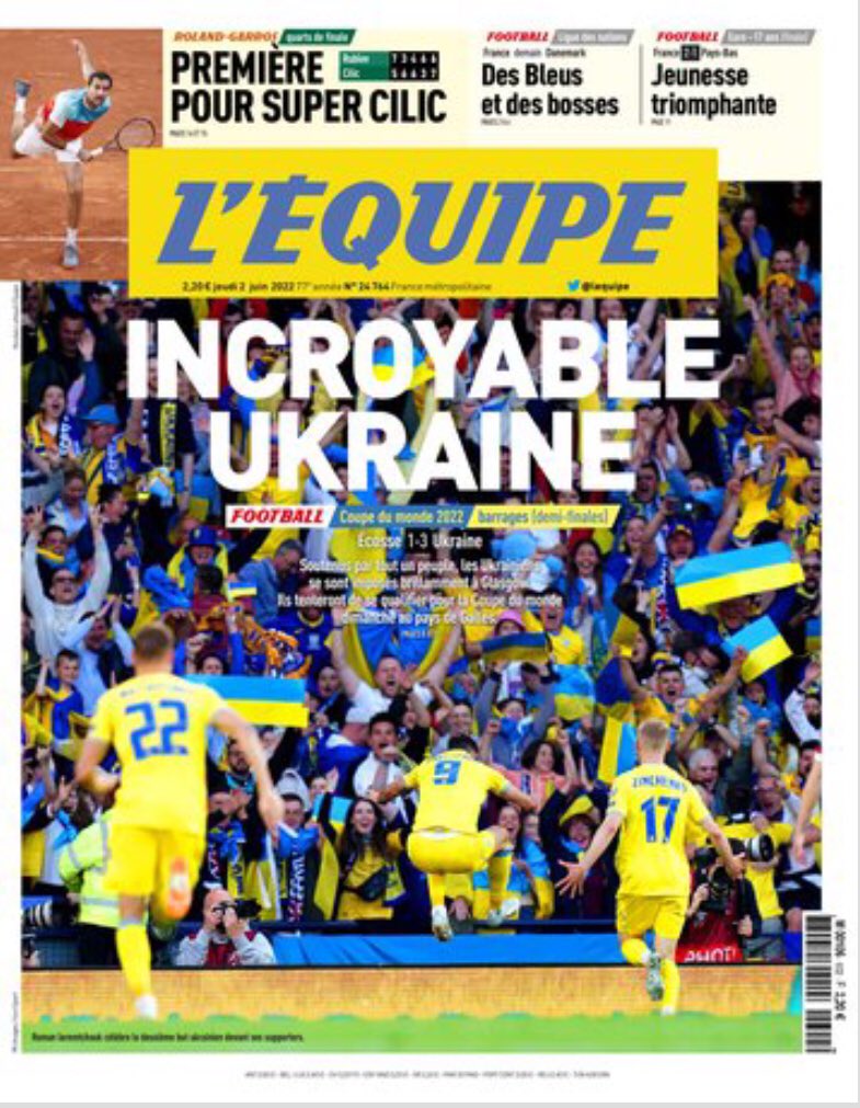 LecteursEquipe's tweet photo. Bonjour 🗞 la Une de @lequipe du 02/06. 🇺🇦💪💪 #ECOUKR https://t.co/zj5K2lWVgF