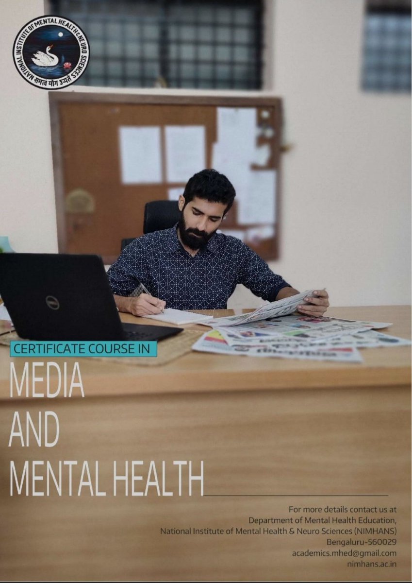 mheduNIMHANS's tweet photo. Batch 2 for the online certificate course in Media &amp; Mental Health Education is starting from August- October 2022. It's one of a kind course conducted by the Dept. of Mental Health Education, #NIMHANS.

Last date to register: 15th June 2022.

Link: 👇
https://t.co/EsK6uRsnTS https://t.co/xQOn0WmJBp