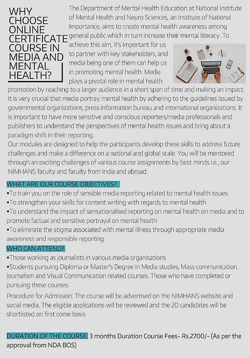 mheduNIMHANS's tweet photo. Batch 2 for the online certificate course in Media &amp; Mental Health Education is starting from August- October 2022. It's one of a kind course conducted by the Dept. of Mental Health Education, #NIMHANS.

Last date to register: 15th June 2022.

Link: 👇
https://t.co/EsK6uRsnTS https://t.co/xQOn0WmJBp