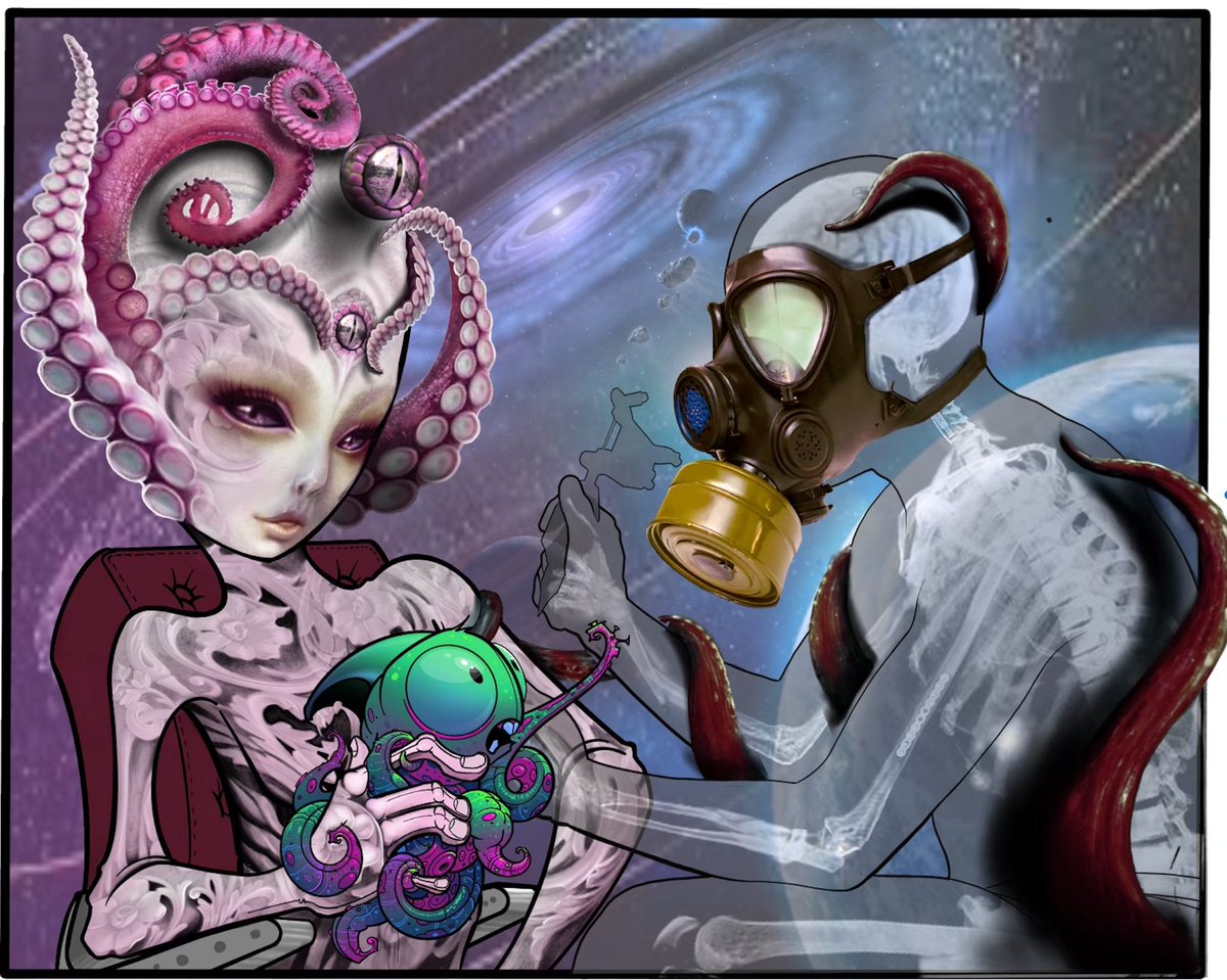 Sneak Peek of what a merged TATTOO SHOP NFT will become.  The ART is a collaboration of 6 world-famous artists. Tomorrow the "ALIEN INKling KING" will be minted allowing the "Tattoo Artist" mint 1 holders the ability to enter the centrifuge merging the artists and aliens.