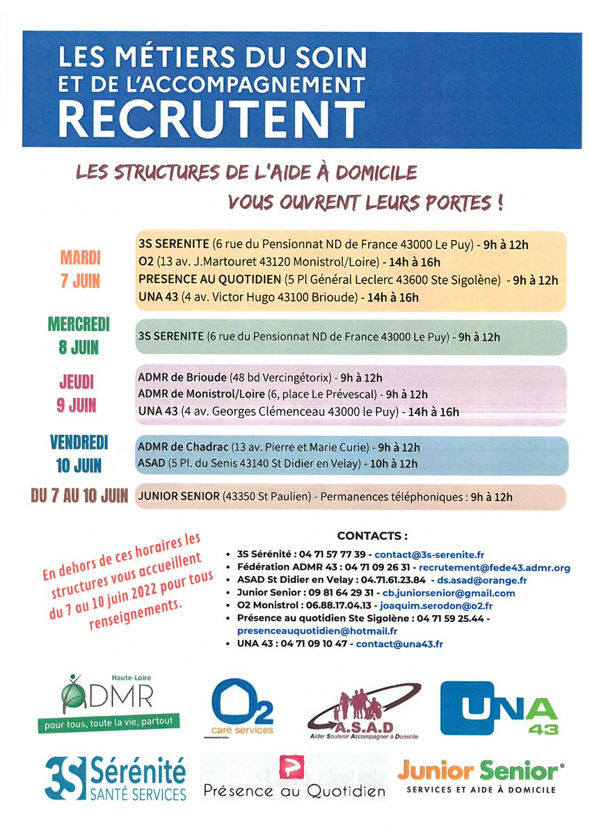 AGENDA : du 7 au 10 juin => semaine de l'emploi à domicile !
Participez aux portes ouvertes des structures de l'aide à domicile! #Emploi #portesouvertes