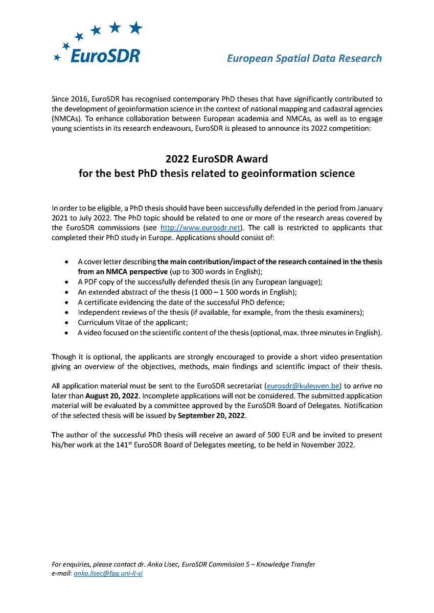 Call for applications 👩‍🎓👨‍🎓 2022 EuroSDR Award 
for the best #PhD thesis related to #geoinformation #science (deadline: 20th August 2022)