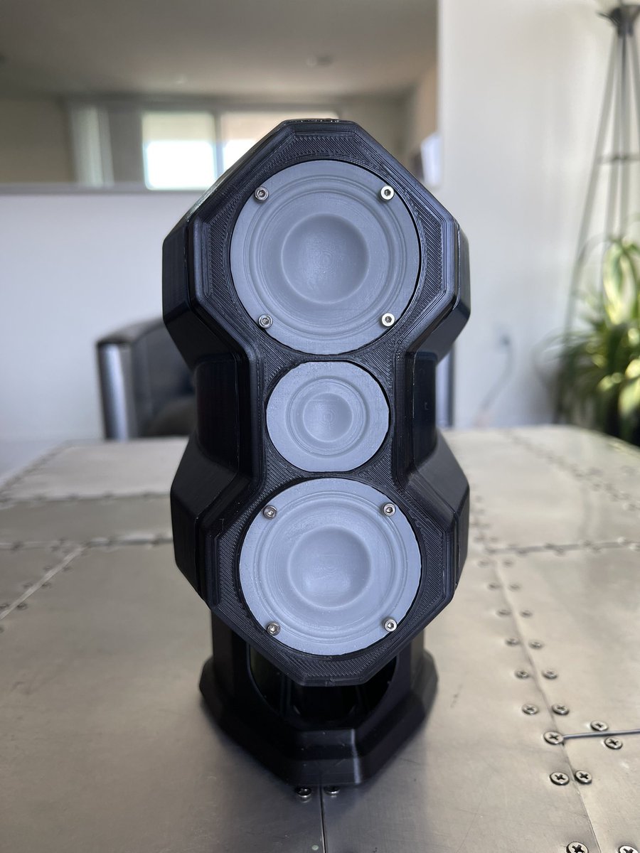 carbondesign_'s tweet photo. Been playing around with a new 3D printer. Started by printing this 1/2 scale model of my Phalanx speaker concept. The main body is PLA and the drivers are printed in resin. #audio #design #carbon #carbonfiber #speaker #audiophile https://t.co/O1fbazPF9j