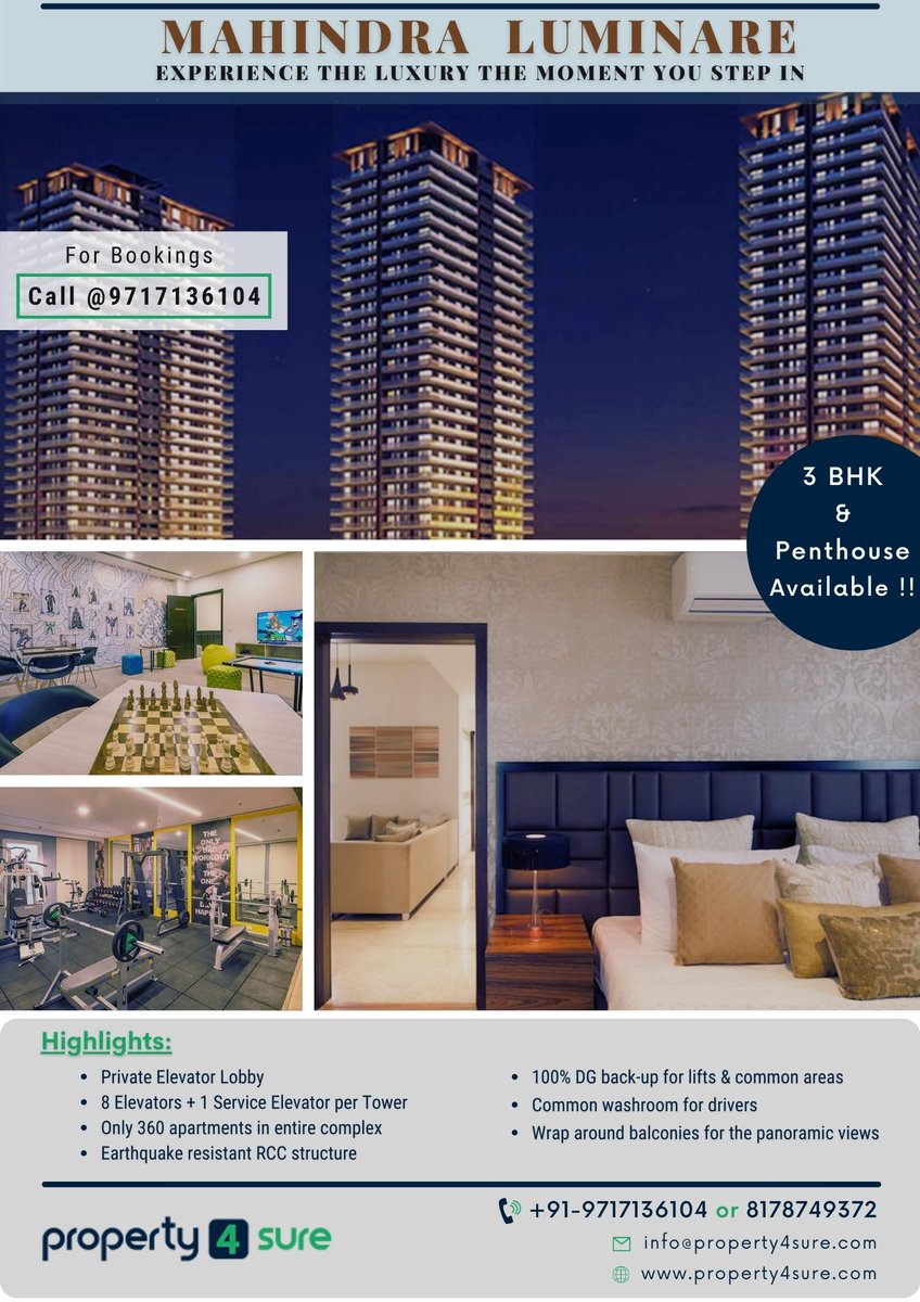 Property4Sure's tweet photo. Mahindra Luminare For Sale | Apartments &amp; Penthouses for Sale in Sector 59 Gurgaon

For Bookings &amp; Enquiries:
Call/WhatsApp: +91 - 8178749372 or 9717136104
Email: info@property4sure.com
Visit: https://t.co/RmMPdjCQBt

#mahindraluminare #mahindralifespaces https://t.co/xLxa1KuLDm