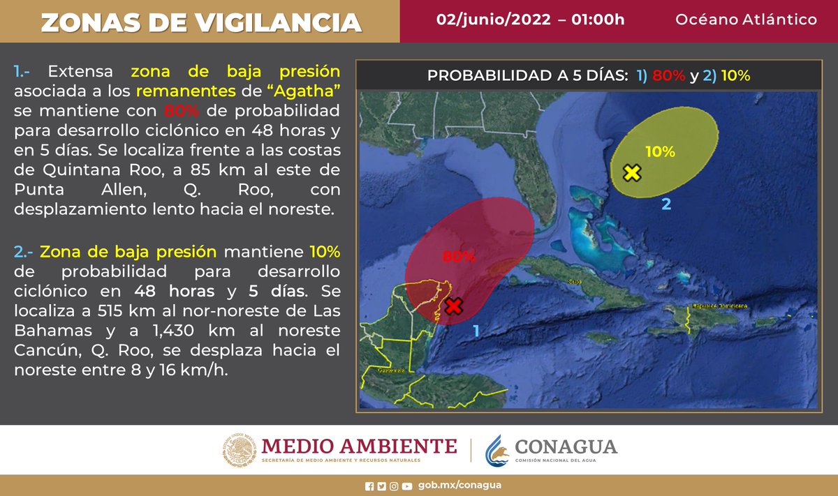 La zona de #BajaPresión asociada a los remanentes de #Agatha, mantiene 80% su probabilidad para generar un #CiclónTropical en los próximos 2 días. Se localiza esta noche frente a las costas de #QuintanaRoo. Su presencia provocará #Lluvias torrenciales en #QuintanaRoo