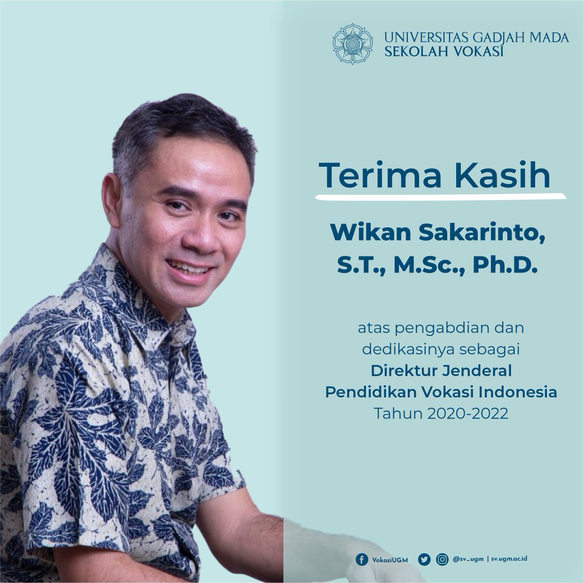 Seluruh Keluarga Besar Sekolah Vokasi Universitas Gadjah Mada mengucapkan terima kasih kepada Bapak Wikan Sakarinto, S.T., M.Sc., Ph.D., atas pengabdian dan dedikasinya sebagai Direktur Jenderal  Vokasi Indonesia Tahun 2020-2022
#DirjenVokasi #SekolahVokasi