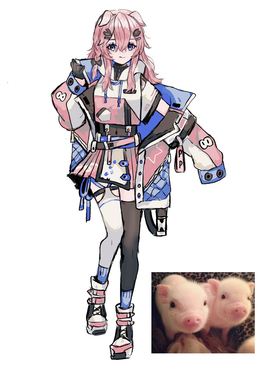 1girl pink hair solo jacket asymmetrical legwear animal ears thighhighs  illustration images