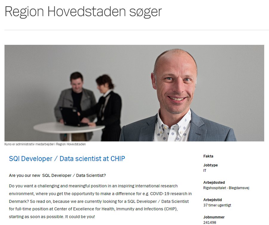 ❔🔎Are you our new  SQL Developer/Data Scientist?
We are currently looking for a full-time SQL Developer/Data Scientist at CHIP.
Find out more and apply before the 9th of June here👇
rigshospitalet.dk/job-og-uddanne…