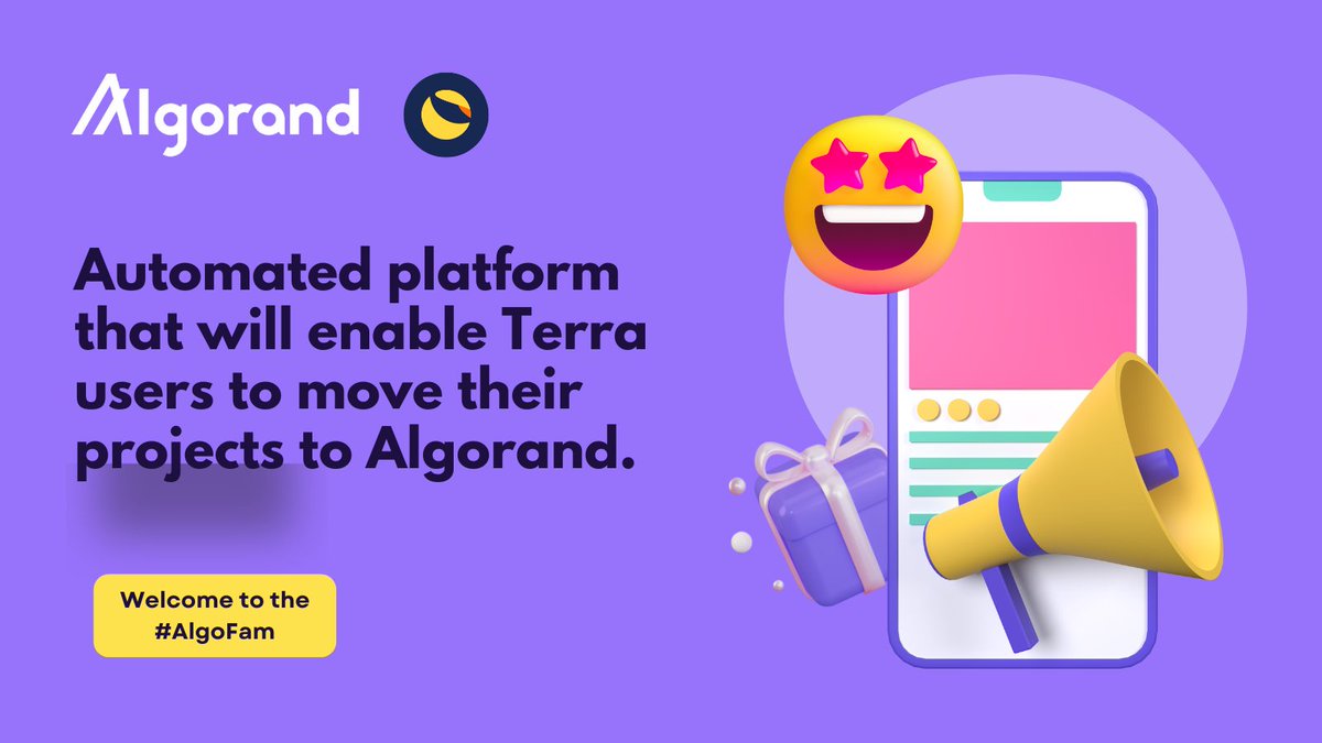 yellow3HQ's tweet photo. We are happy to announce a first-of-its-kind automated platform that will enable #Terra users to move their projects to #Algorand. The Algorand Foundation also announced that it is committing 1 million ALGO to a fund that will start with enabling Terra users to make the migration https://t.co/21irrKM00Y