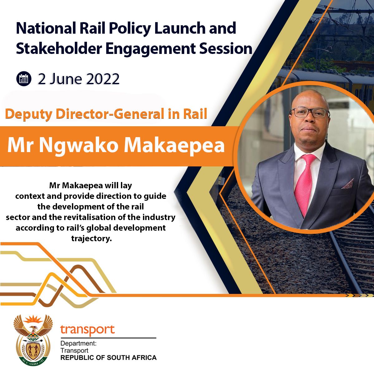 Dotransport's tweet photo. National Rail Policy Launch and Stakeholder Engagement Session 

We will engage with these stakeholders today on what this policy means for our country. 

#RailPolicy @Rail_Safety @GovernmentZA @PRASA_Group @MbalulaFikile https://t.co/QPlMF0bzbf