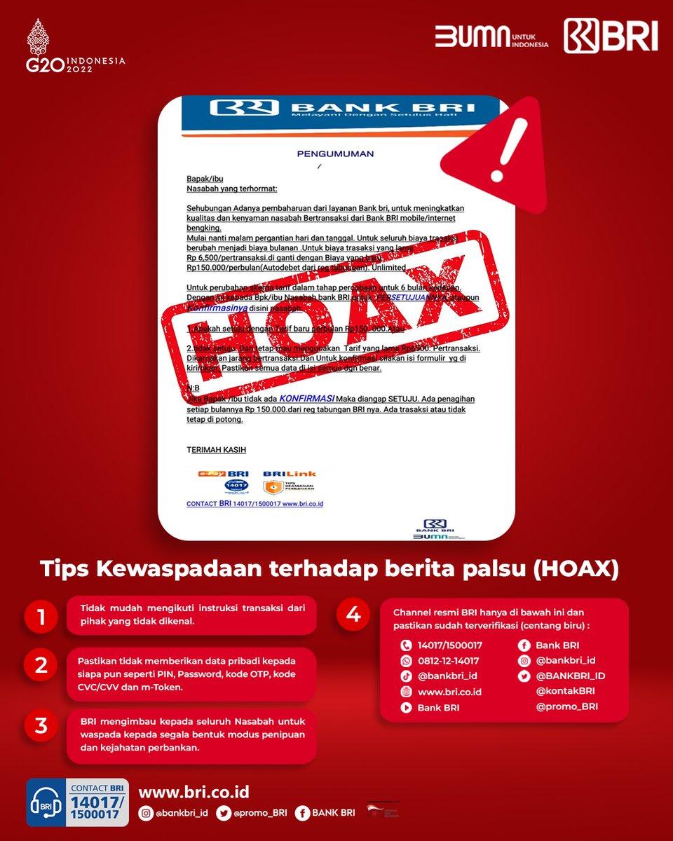 kontakBRI's tweet photo. Sobat BRI. Hati-hati terhadap informasi palsu (HOAX) yang mengatasnamakan BRI, jangan klik Link yang dikirimkan oleh akun palsu. Akun resmi BRI hanya yang bercentang biru (Verified). Selalu jaga kerahasiaan data pribadi untuk terhindar dari kejahatan perbankan.

#BRIEdukasi https://t.co/QsHXxWUcoP