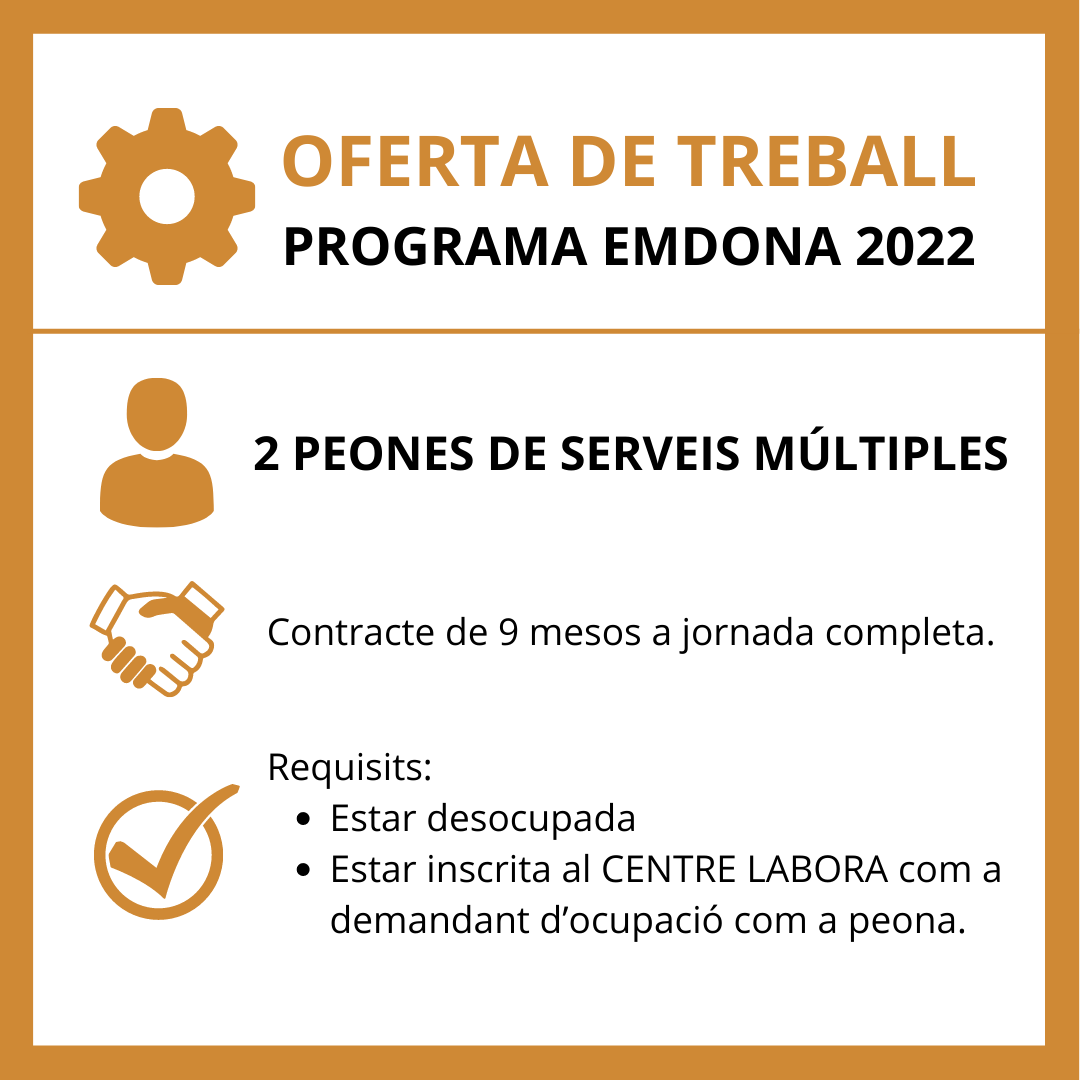 planaaltanord's tweet image. 📌 OFERTA DE TREBALL, 2 PEONS DE SERVEIS MÚLTIPLES
@SerraGalceran 

🙋‍♀️ #EMDONA és un programa dirigit a dones desocupades. 

👉 Les interessades en el procés de sel·lecció han d’estar inscrites a @GVAlabora en l’ocupació corresponent (PEÓ/NA) ABANS DEL 4 DE JUNY de 2022.