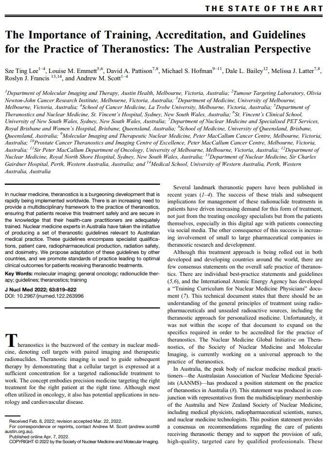 Michael Hofman (@drmhofman) on Twitter photo <a href="/JournalofNucMed/">JNM</a> State-of-the-Art: The Importance of Training, Accreditation, and Guidelines for the Practice of Theranostics: The Australian Perspective
jnm.snmjournals.org/content/63/6/8…
<a href="/drlouiseemmett/">Louise Emmett</a> <a href="/szetinglee1/">Sze Ting Lee</a> <a href="/SNM_MI/">SNMMI</a> <a href="/TheranosticsAus/">Theranostics AANMS</a> <a href="/JournalofNucMed/">JNM</a> State-of-the-Art: The Importance of Training, Accreditation, and Guidelines for the Practice of Theranostics: The Australian Perspective
jnm.snmjournals.org/content/63/6/8…
<a href="/drlouiseemmett/">Louise Emmett</a> <a href="/szetinglee1/">Sze Ting Lee</a> <a href="/SNM_MI/">SNMMI</a> <a href="/TheranosticsAus/">Theranostics AANMS</a>