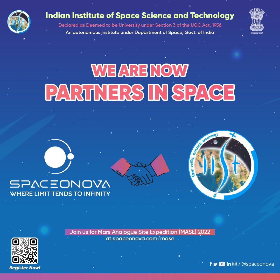 spaceonova's tweet photo. @spaceonova is excited to announce its monumental collaboration with the Indian Institute of Space Science and Technology as part of the Mars Analogue Site Expedition. 
#IIST will support the #MASE 2022 programme.
Head over to https://t.co/68vrWDD2Gu to reserve your seats now!!! https://t.co/Syu0UuNRi0