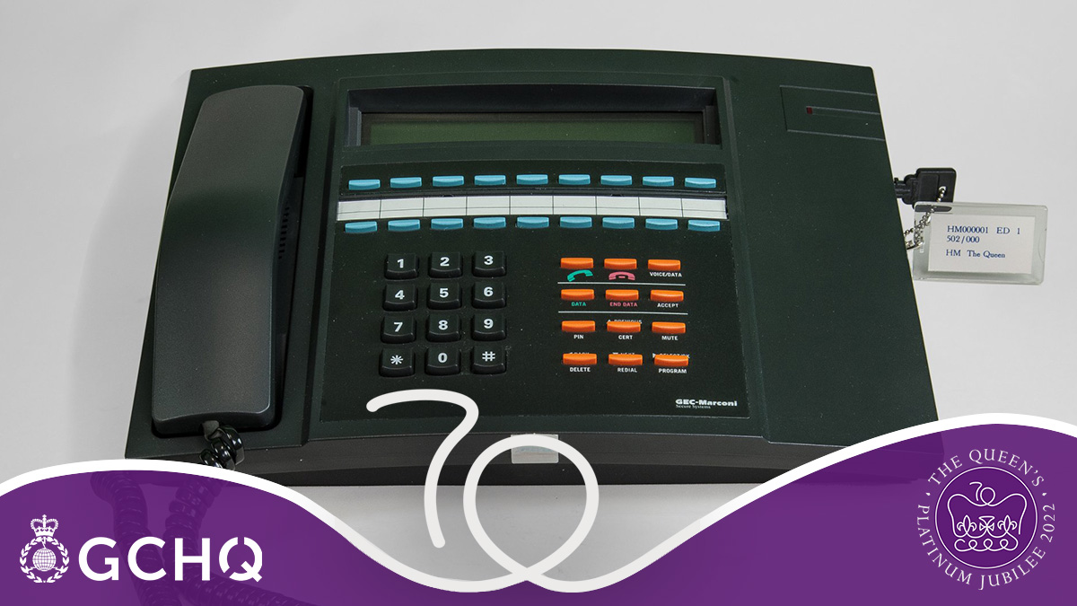 GCHQ's tweet image. This is the BRENT - a phone used in the '90s to hold top secret calls, including by Her Majesty The Queen. 

The encryption key ensured secret conversations stayed secret.

The Queen had her own BRENT with encryption key number 1, of course...

@RoyalFamily #PlatinumJubilee #HM70