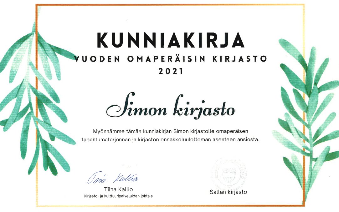 MariaVaittinen's tweet photo. Ollaan ylpeästi erilaisia! Simon kirjasto on palkittu vuoden omaperäisimpänä kirjastona. Olen niin ylpeä meidän tiimistä, jossa laatu korvaa määrän #kiitos #kirjasto #lukeminen #kirjallisuus #harrastus #simonkunta #omituistenotustenkerho #kunnat #lappi #simonasimoon https://t.co/KL86l7ld2r